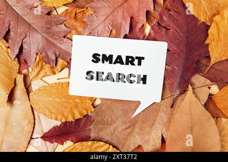 Un panneau blanc avec le mot Smart search écrit dessus est placé sur un tas de feuilles d'automne Banque D'Images