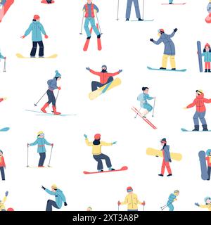 Personnages d'activités de sports d'hiver. Modèle sans couture avec les gens de ski et de snowboard, les enfants et les adultes. Sports saisonniers plats, fond de vecteur Illustration de Vecteur