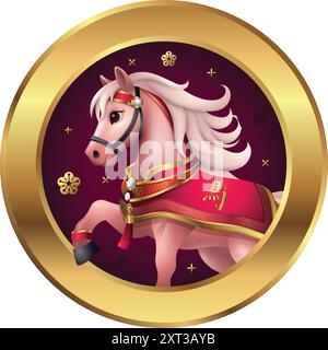 Signes du zodiaque chinois doré, année du cheval 2026. Cheval 3D avec design d'icône ronde dorée Illustration de Vecteur