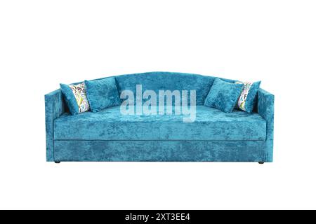 Canapé turquoise avec oreillers en tissu velours isolé sur fond blanc. Meuble rembourré. Banque D'Images