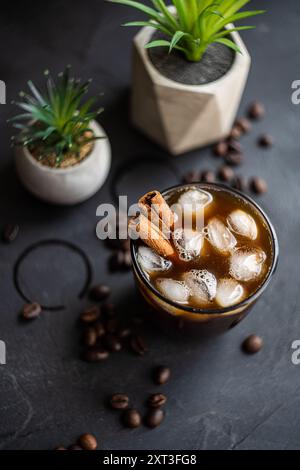 Vue de dessus d'un café glacé rafraîchissant garni de bâtonnets de cannelle, entouré de grains de café éparpillés et de plantes en pot sur une surface sombre, créatine Banque D'Images