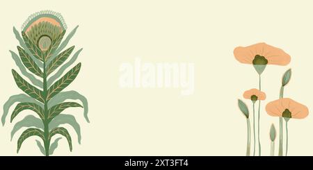Une illustration pastel sereine et stylisée représentant des fleurs exotiques et des coquelicots délicats dans un cadre de jardin, idéale pour les motifs printaniers. Banque D'Images