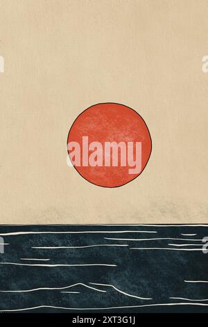 Illustration minimaliste représentant un soleil rouge intense positionné au-dessus des vagues bleu foncé texturées de l'océan, sur un fond beige granuleux Banque D'Images