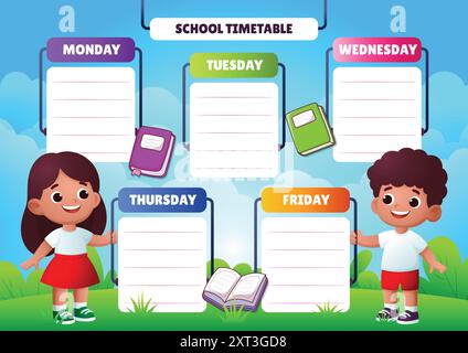 horaire scolaire de dessin animé, avec décoration colorée de papeterie scolaire dessinée à la main Illustration de Vecteur