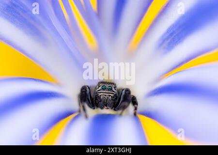 Une image saisissante en gros plan d'une araignée sautant avec des yeux bleus et verts vifs, centrée dans les couleurs vives d'une fleur la photo met en valeur l'intr Banque D'Images