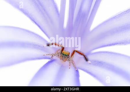 Une araignée sautante vibrante perchée au centre d'une douce fleur violette, mettant en valeur son corps à motifs distinctifs et ses yeux verts saisissants Banque D'Images