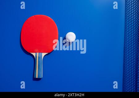 Une pagaie de tennis de table rouge vif avec une balle blanche positionnée sur un fond bleu vif, soulignant la simplicité et les couleurs du sport Banque D'Images