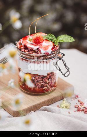 Petit-déjeuner d'été sain avec un pot superbement superposé de yaourt, granola, fraises fraîches et menthe. Parfait pour un nouveau départ par temps chaud Banque D'Images