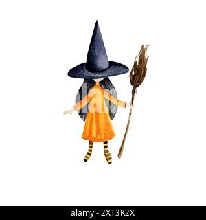 Aquarelle jeune sorcière portant un chapeau noir et des bas rayés avec balai, illustration de dessin animé d'Halloween de l'enchanteresse, croquis dessiné à la main pour Octobe Banque D'Images