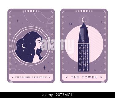 Cartes magiques de tarot céleste de Major Arcana. Tarot symboles la Grande prêtresse et la Tour. Mystère, astrologie, alchimie. Illustration vectorielle Illustration de Vecteur