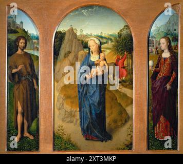 Triptyque le reste sur la fuite en Égypte (panneau central), Saint Jean Baptiste (panneau gauche), Marie-Madeleine (panneau droit), 1475-1480. Trouvé dans la Collection du Muséeée du Louvre, Paris. Banque D'Images