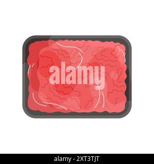 Plateau en plastique avec de la viande hachée rouge crue, vue de dessus du récipient noir enveloppé dans une illustration vectorielle de film transparent Illustration de Vecteur