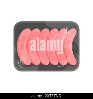 Plateau en plastique avec des saucisses de viande, vue de dessus du récipient noir enveloppé dans l'illustration vectorielle de film transparent Illustration de Vecteur