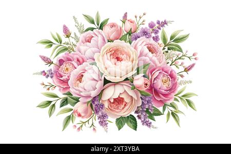 Aquarelle jardin rose pêche lavande poudre crémeuse pale Rose wax flower, vecteur floral bouquet design anémone Eucalyptus branche verdure feuilles de baies. Illustration de Vecteur