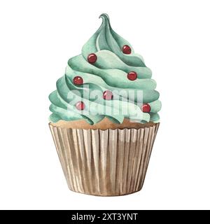 Cupcake de Noël, dessert, bonbons du nouvel an, pâtisseries. L'illustration est dessinée à la main à l'aquarelle, sur fond blanc. Pour la conception de Banque D'Images