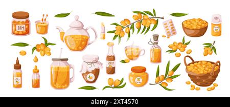 Ensemble d'objets de dessin animé 2D produits de baies d'argousier. Icônes vectorielles de ligne plate d'ingrédients alimentaires et cosmétiques sains sur fond blanc Illustration de Vecteur