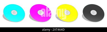 Quatre modèles de CD ou de DVD vierges CMJN rouge, vert et bleu pour la mise en page et le design de la présentation. 3D rendu. Image générée numériquement. Isolé sur blanc Banque D'Images