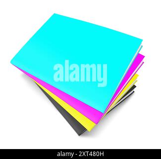 Quatre modèles blancs de magazine CMJN noir, cyan, jaune et magenta pour les présentations et le design. Rendu 3D. Image générée numériquement. Isolat Banque D'Images