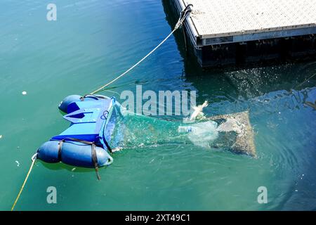 Dispositif automatisé de collecte des ordures avec un sac en filet dans l'eau du chenal intérieur du port, plan portuaire sain, Méditerranée, Cannes, France Banque D'Images