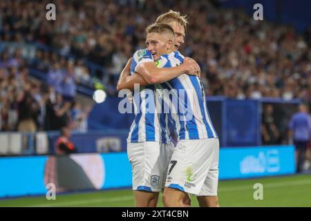 Callum Marshall de Huddersfield Town célèbre son objectif de faire 2-0 lors du match de la Coupe Carabao Huddersfield Town vs Morecambe au John Smith's Stadium, Huddersfield, Royaume-Uni, 13 août 2024 (photo par Alfie Cosgrove/News images) Banque D'Images