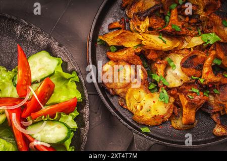 Pommes de terre frites avec chanterelles dans une poêle en fonte sur une table sombre avec tomates et herbes dans une assiette et airelles dans un bol. Qual. Élevé Banque D'Images