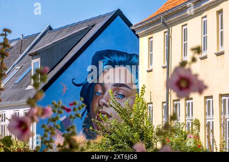 Murale colorée d'une fille aux cheveux bleus, Løgstør, Danemark Banque D'Images