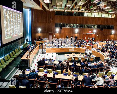 New York, New York, États-Unis. 13 août 2024. La 103e Réunion plénière de l'Assemblée générale sur les ODD, le racisme et les votes DE SAMOA s'est tenue dans la salle du Conseil de tutelle, alors que la salle de l'Assemblée générale est en train de recevoir un nouveau plancher sur le podium en préparation de l'AGNU en septembre. Sur l'écran, on peut voir les statistiques du membre voté sur plusieurs amendements qui ont été votés. (Crédit image : © Bianca Otero/ZUMA Press Wire) USAGE ÉDITORIAL SEULEMENT! Non destiné à UN USAGE commercial ! Banque D'Images