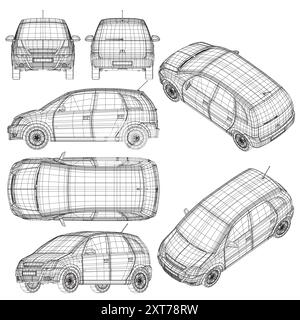 Marque ou publicité de modèle de voiture compacte vierge. Fil de fer de voiture sur fond blanc. Set avec les contours d'une voiture de tourisme de lignes noires Isola Illustration de Vecteur