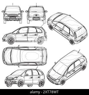 Modèle de voiture compacte vierge pour la marque ou la publicité. Contour de voiture sur fond blanc. Définir avec les contours d'une voiture de tourisme à partir de lignes noires ISO Illustration de Vecteur