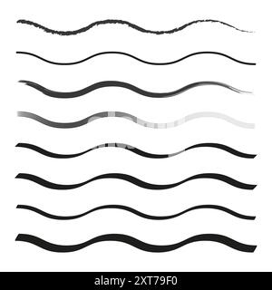 Ensemble de lignes ondulées. Vagues abstraites en noir et blanc. Différentes épaisseurs. Vecteur minimaliste Illustration de Vecteur