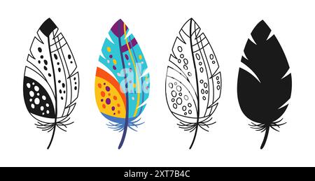 Icône linéaire de plume, jeu de symboles de dessin animé. Plumes d'oiseau stylisées dessinées à la main avec motif ornemental boho ethnique. Simple signe oiseaux plumes silhouette forme ou doodle décroché Vecteur isolé Illustration de Vecteur