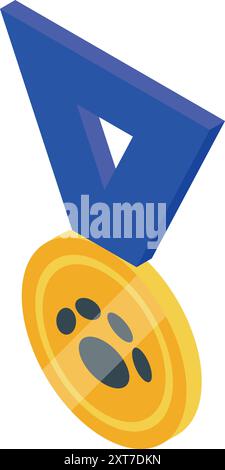 Médaille d'or brillante suspendue avec un ruban bleu avec un imprimé patte, parfait pour représenter un prix de compétition pour animaux de compagnie Illustration de Vecteur
