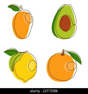 Mangue avocat citron orange fruit saine alimentation dans le style artistique au trait Illustration de Vecteur