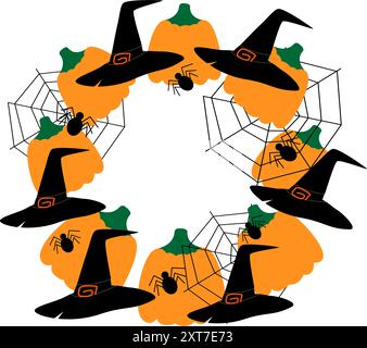 Cadre abstrait rond d'Halloween de chapeaux de sorcière, toiles d'araignée, araignées et citrouilles. Isolé. Copier l'espace. Cartes d'illustration vectorielle, affiches, bannières, brochures ou modèle de lettrage. Joyeux concept d'Halloween Illustration de Vecteur