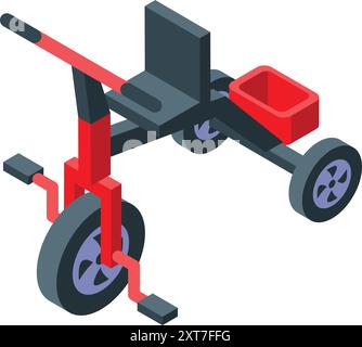 Tricycle rouge avec pédales et boîte de rangement, montré dans une vue isométrique Illustration de Vecteur