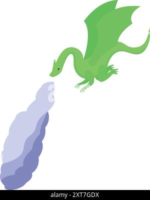 Dessin animé dragon vert volant et soufflant de la fumée à travers les narines, isolé sur fond blanc Illustration de Vecteur