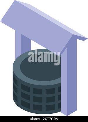 Icône isométrique d'un puits d'eau en pierre avec un toit, fournissant de l'eau potable fraîche Illustration de Vecteur