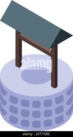 Le puits d'eau en pierre avec un toit en bois est montré dans cette illustration isométrique Illustration de Vecteur