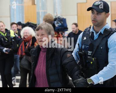 14 août 2024, Australie, Canberra, foyer du Parlement. Climat 14 août 2024, Australie, Canberra, foyer du Parlement. Protestation - les propriétaires traditionnels, les membres de la communauté Pasifika et les survivants des catastrophes climatiques organisent un sit-in appelant le gouvernement albanais à introduire un déclencheur climatique législatif et à exclure plus de projets de charbon et de gaz Banque D'Images