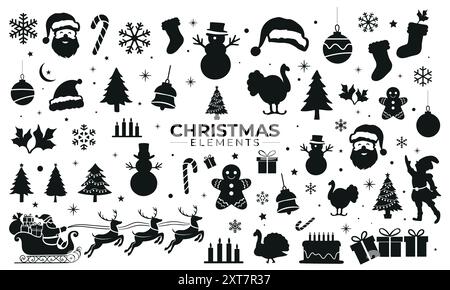 Ensemble vectoriel de silhouettes d'éléments de Noël. Père Noël, traîneau, renne, arbre, elfe, pain d'épices, canne de bonbons, bonhomme de neige, bas, chapeau, turquie, etc Illustration de Vecteur