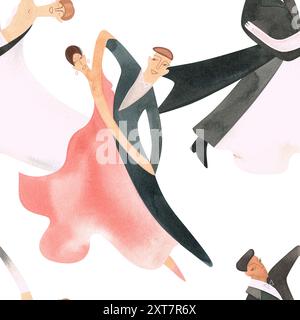 Danse de bal standard. Couples adultes sur le parquet. Illustration aquarelle isolée. Motif sans couture. Fond blanc Banque D'Images