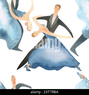 Danse de bal standard. Couples adultes sur le parquet. Illustration aquarelle isolée. Motif sans couture. Fond blanc Banque D'Images