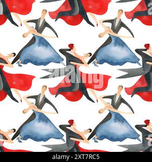 Danse de bal standard. Couples adultes sur le parquet. Illustration aquarelle isolée. Motif sans couture. Fond blanc Banque D'Images