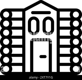 Simple icône noire et blanche d'une façade de cabane en rondins avec deux fenêtres et une porte fermée Illustration de Vecteur
