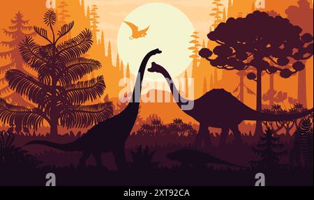 Silhouettes de dinosaures préhistoriques sur fond de vecteur de coucher de soleil avec des arbres forestiers jurassiques, des plantes et le soleil couchant. Silhouettes de dinosaures Brachiosaurus, pelorosaurus, tapejara et shansisuchus Illustration de Vecteur
