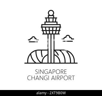 Icône de voyage et de vacances de Singapour de l'aéroport de Changi pour le tourisme, symbole vectoriel. Singapour et l'Asie du Sud-est ville emblématique et attraction touristique icône de la construction d'aéroport et de l'architecture des transports Illustration de Vecteur