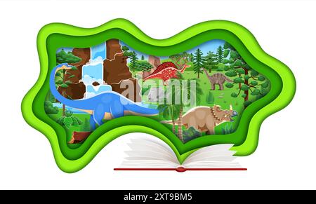 Dinosaures préhistoriques en livre ouvert, bannière éducative coupée en papier. Vecteurs dakosaurus, centrosaurus, ouranosaurus et vulcanodon dino animaux dans la forêt de jungle. Dinosaures de bande dessinée dans le cadre de découpe de papier 3D. Illustration de Vecteur
