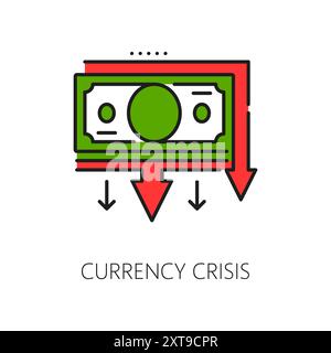 Icône de ligne de crise de devise avec argent de couleur et graphique de flèche vers le bas. Crise de l'économie vectorielle, baisse des prix des actions financières, réduction des coûts et faillite, perte d'argent et symbole de contour de récession commerciale Illustration de Vecteur