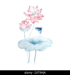 Illustration de fleurs de Lotus isolé sur fond blanc. Composition d'aquarelle dessinée à la main avec des feuilles, des bourgeons et des papillons de nuit. Éléments pour la conception de salons de spa, Banque D'Images