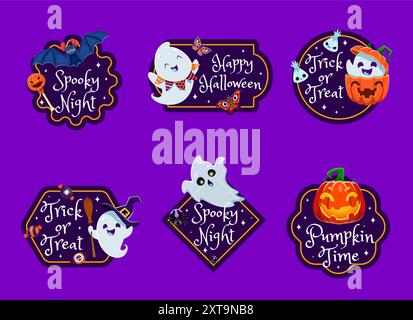 Les étiquettes cadeaux d'Halloween présentent des motifs effrayants comme des citrouilles drôles, des fantômes ludiques kawaii et des chauves-souris. Ensemble vectoriel de badges avec des personnages de dessins animés ajoutent une touche festive aux cadeaux et ajoutent du charme aux cadeaux Illustration de Vecteur